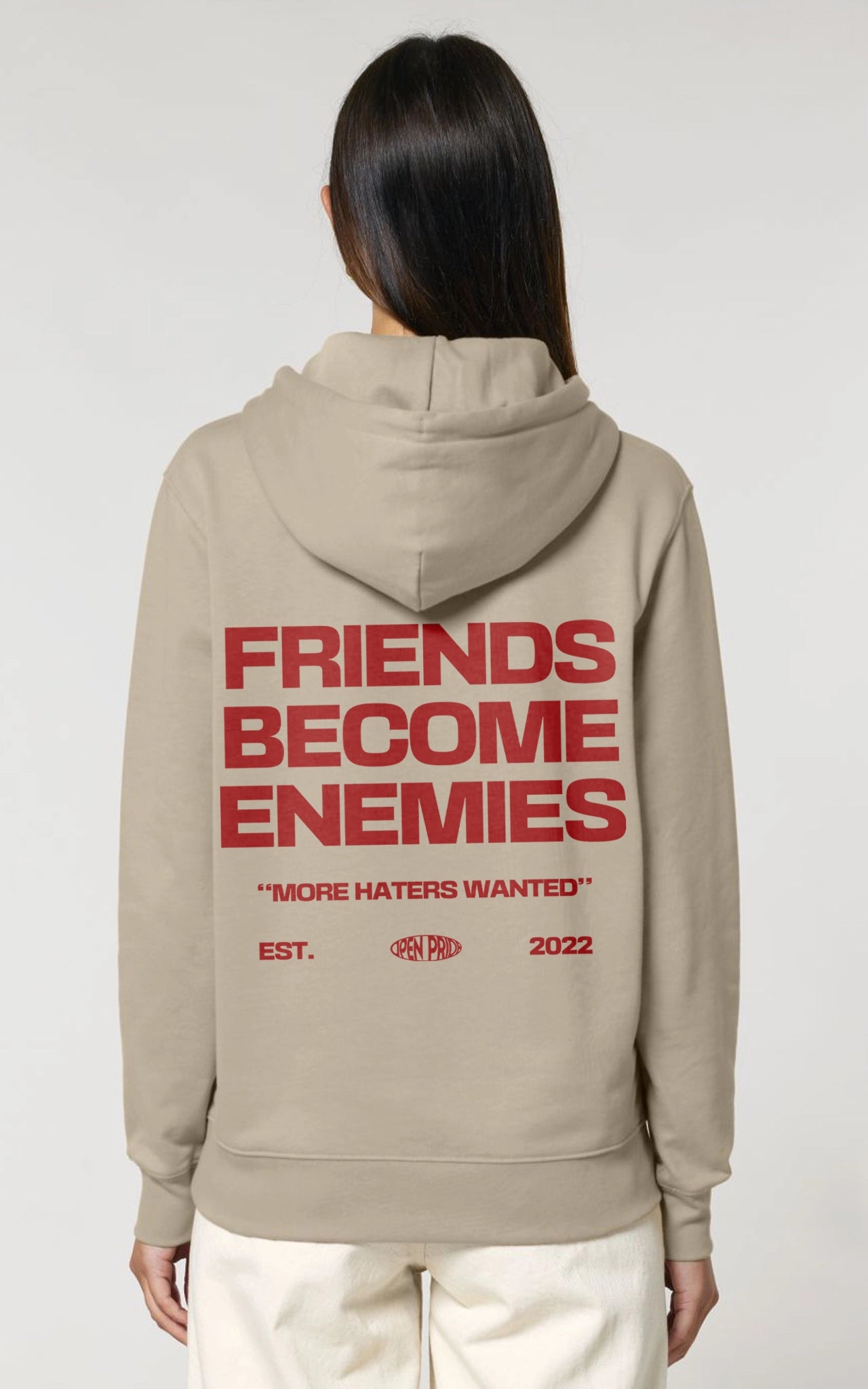 beiger Streetwear Hoodie Friends become Enemies Backprint