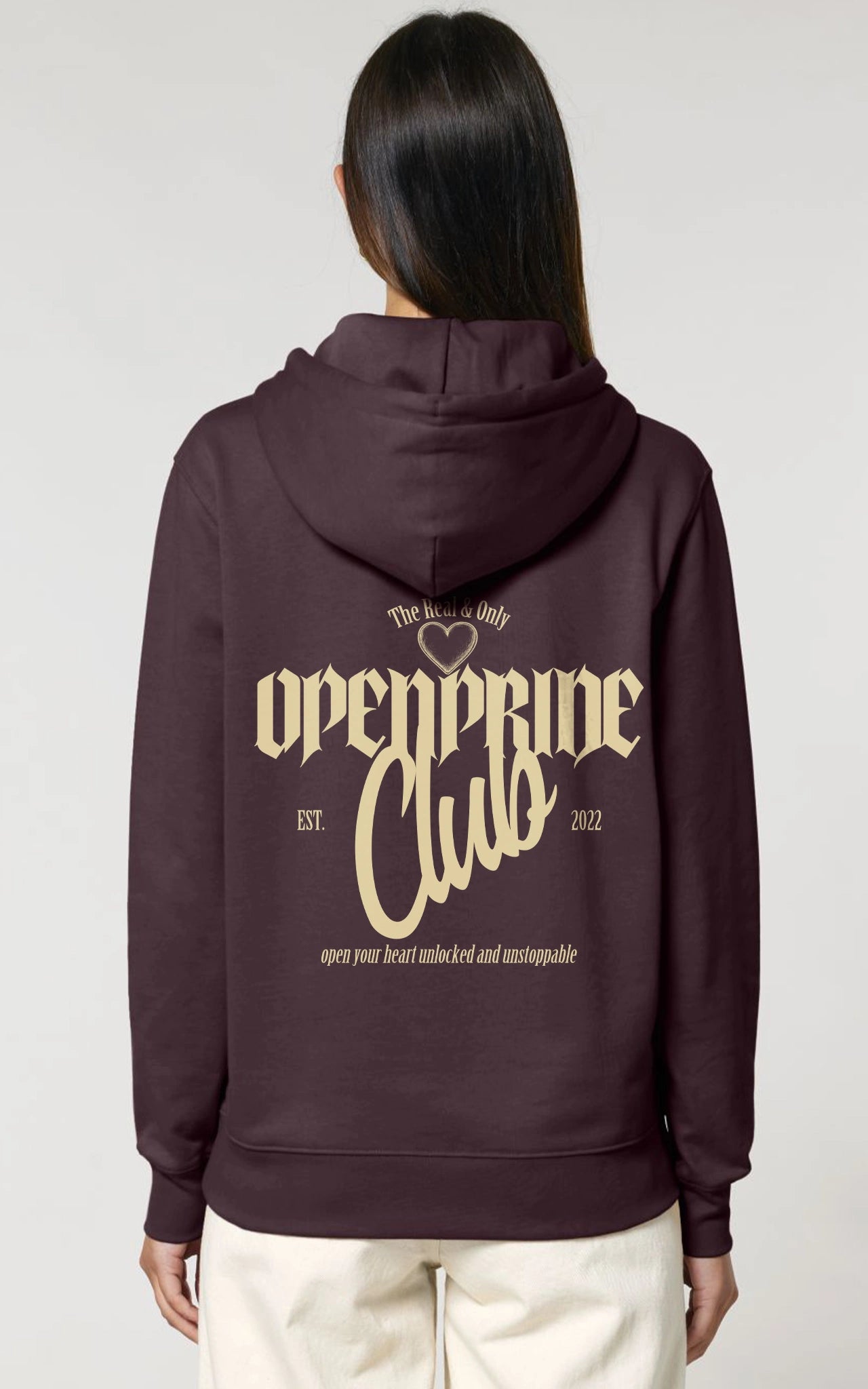 brauner Statement Backprint Design Open Pride Club Hoodie, Premium Kapuzenpullover Rückansicht