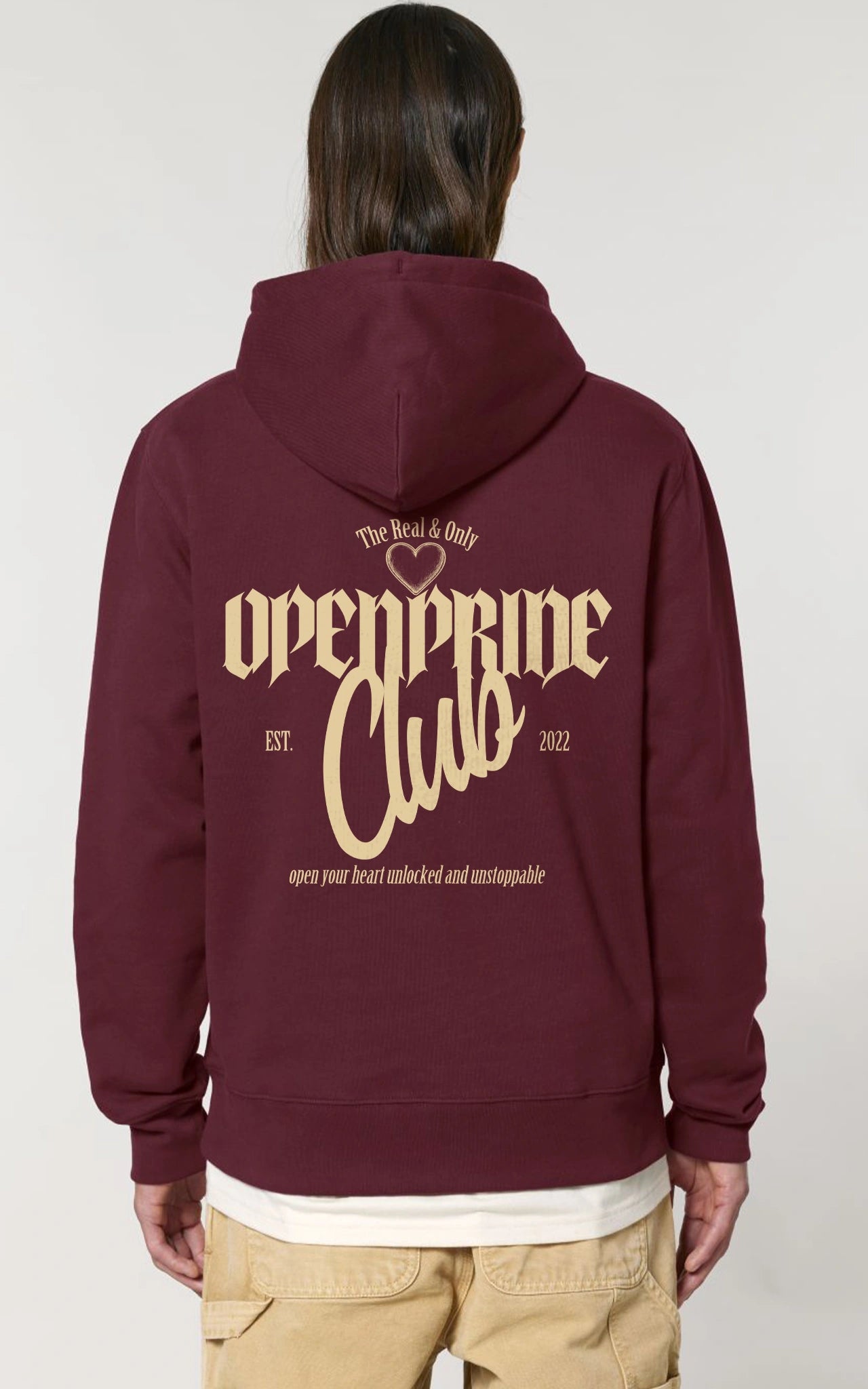 Statement Backprint Hoodie Open Pride Club Hoodie, Premium Kapuzenpullover Rückansicht burgunderrot