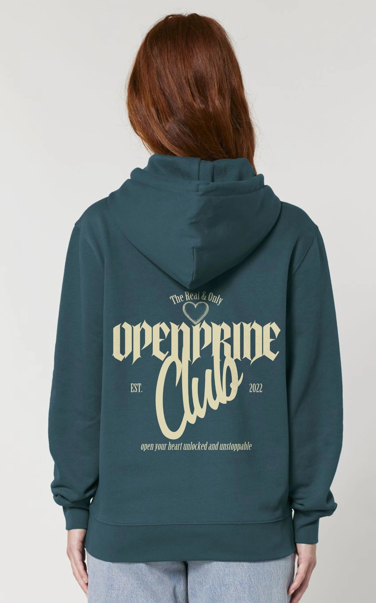 Statement Backprint Design Open Pride Club Hoodie, Premium Kapuzenpullover Rückansicht grün