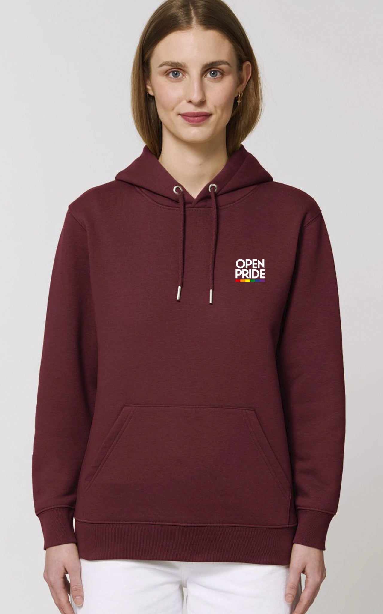 Basic Organic Hoodie Open Pride Stripe Logo bordeaux rot