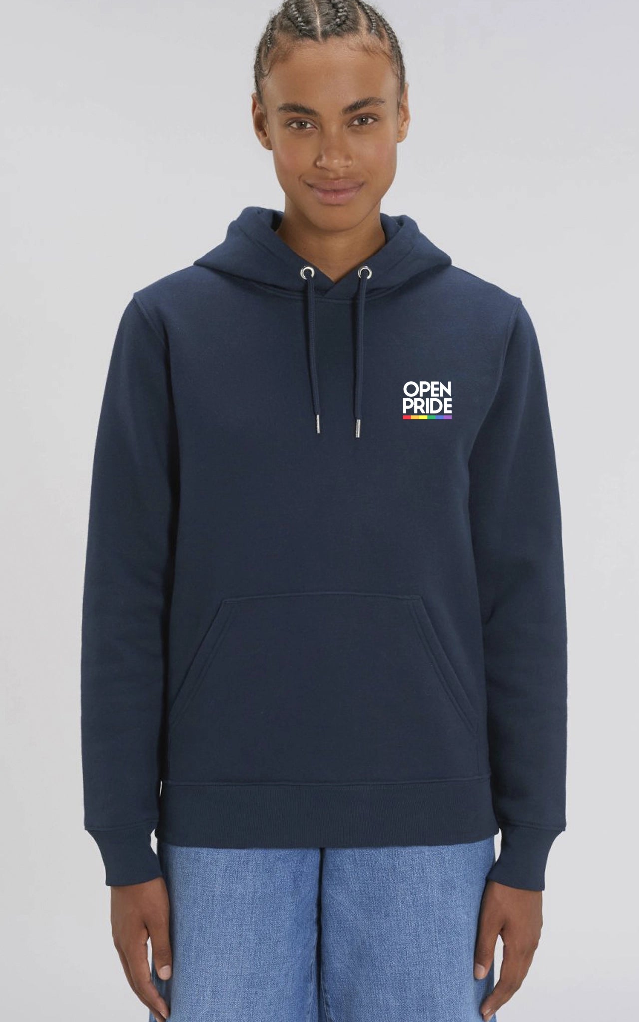 Basic Organic Hoodie Open Pride Stripe Logo navy blau