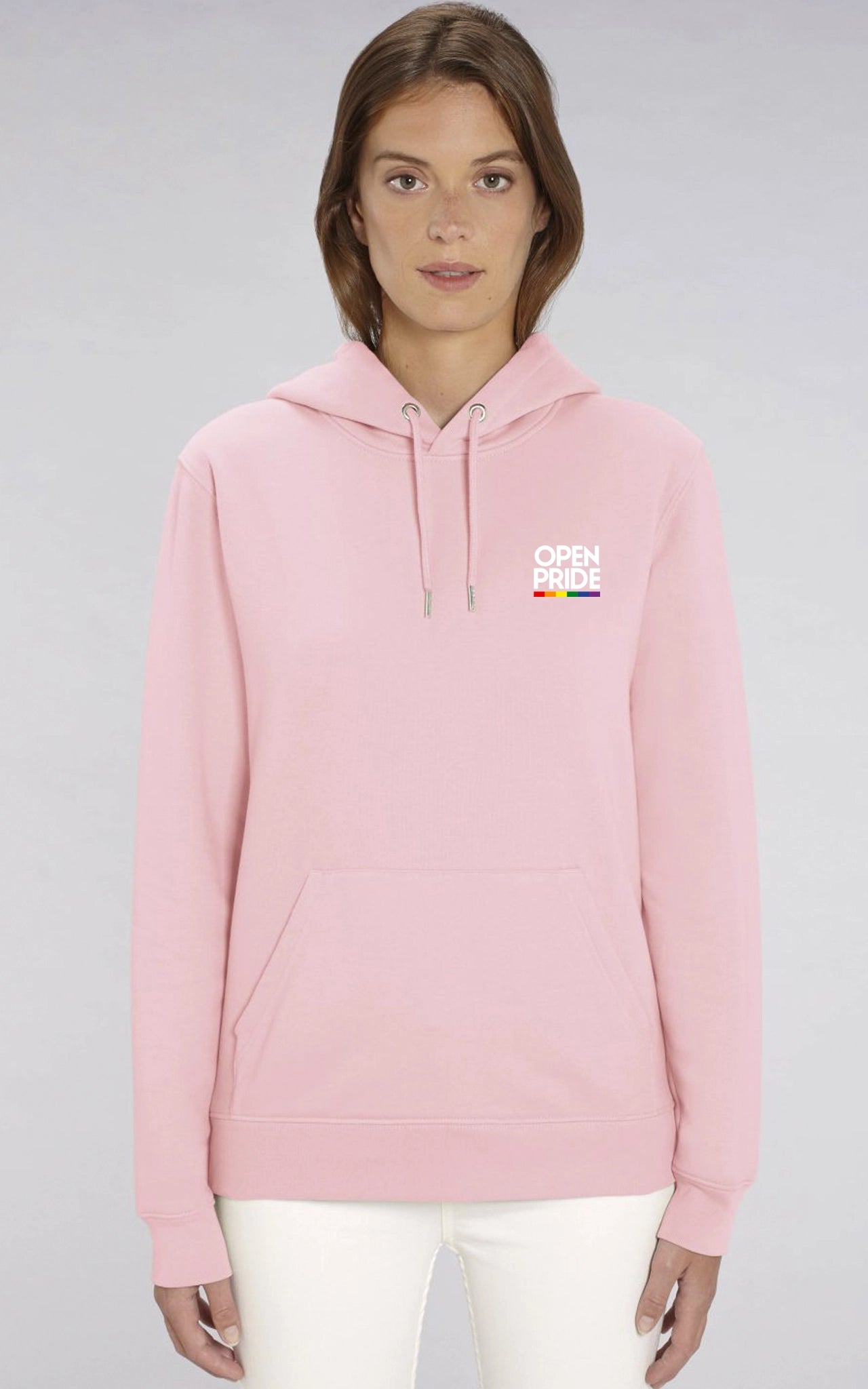 Basic Organic Hoodie Open Pride Stripe Logo pink