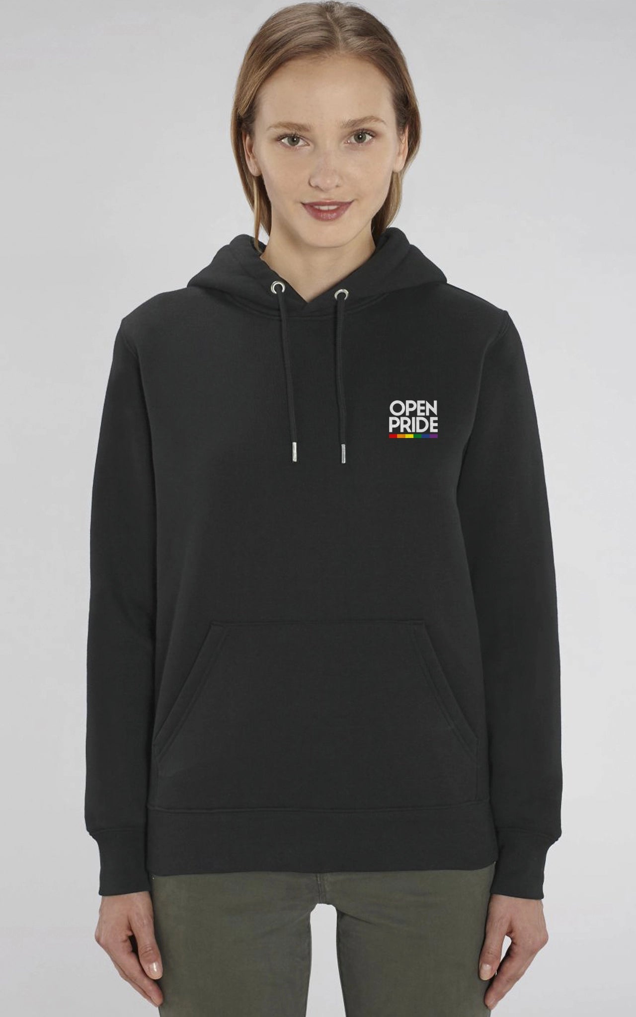 Basic Organic Hoodie Open Pride Stripe Logo schwarz