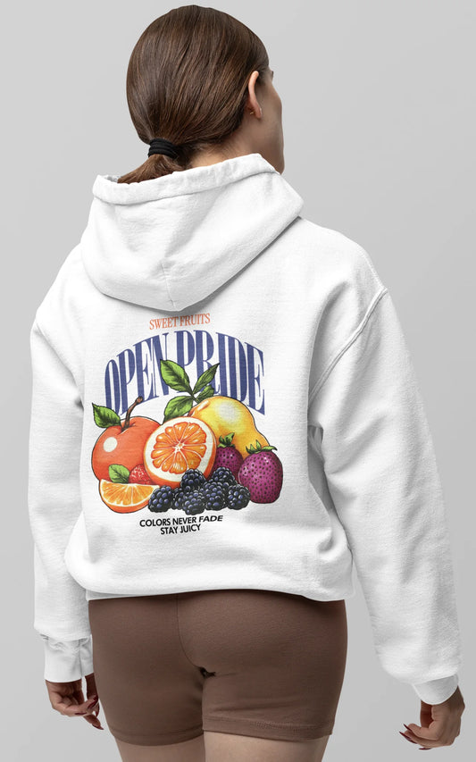 Hoodie Sweet Fruits Backprint – Weißer Unisex Hoodie