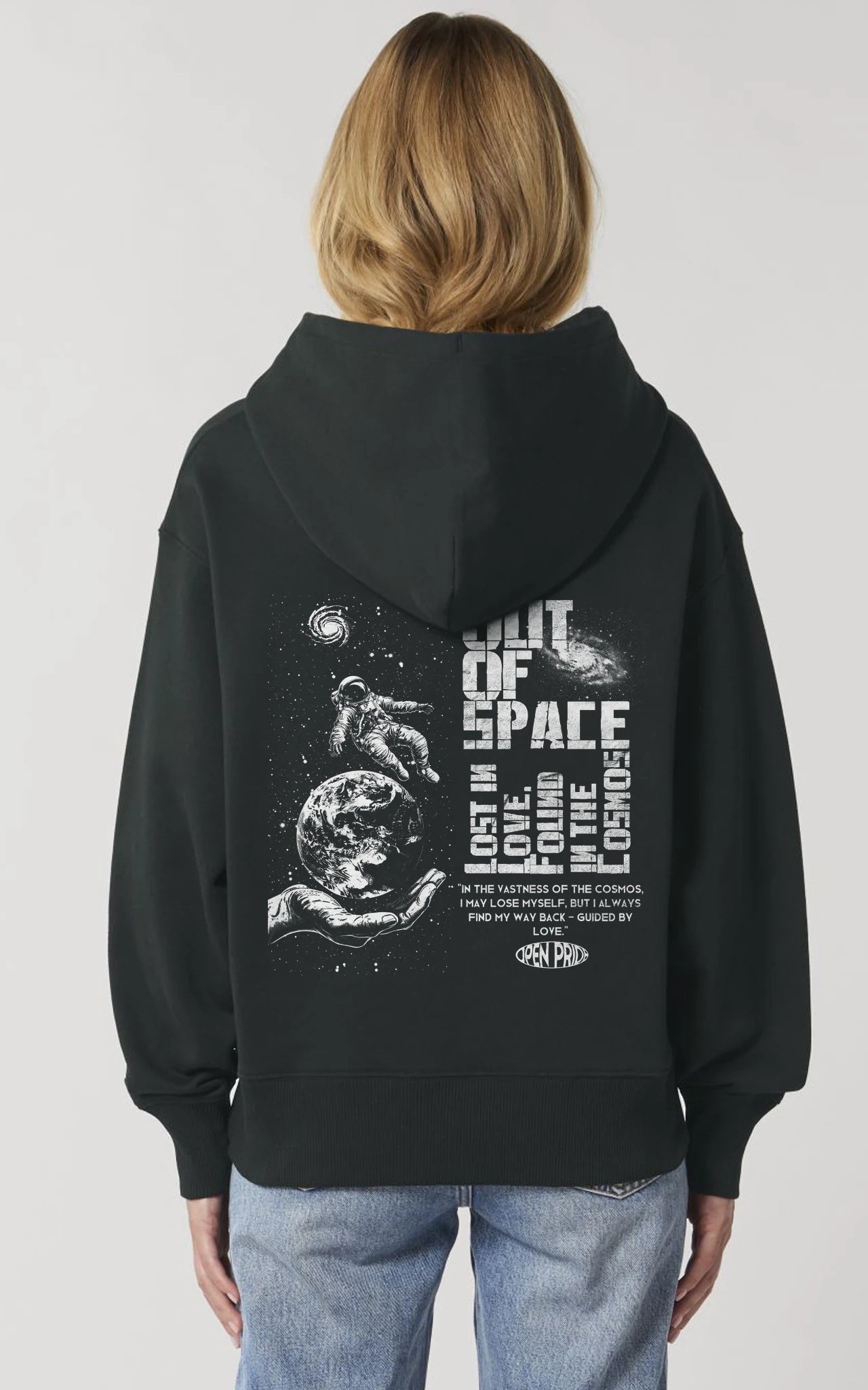 schwarzer Love Lost in Space Oversized Hoodie - Astronaut im Weltraum