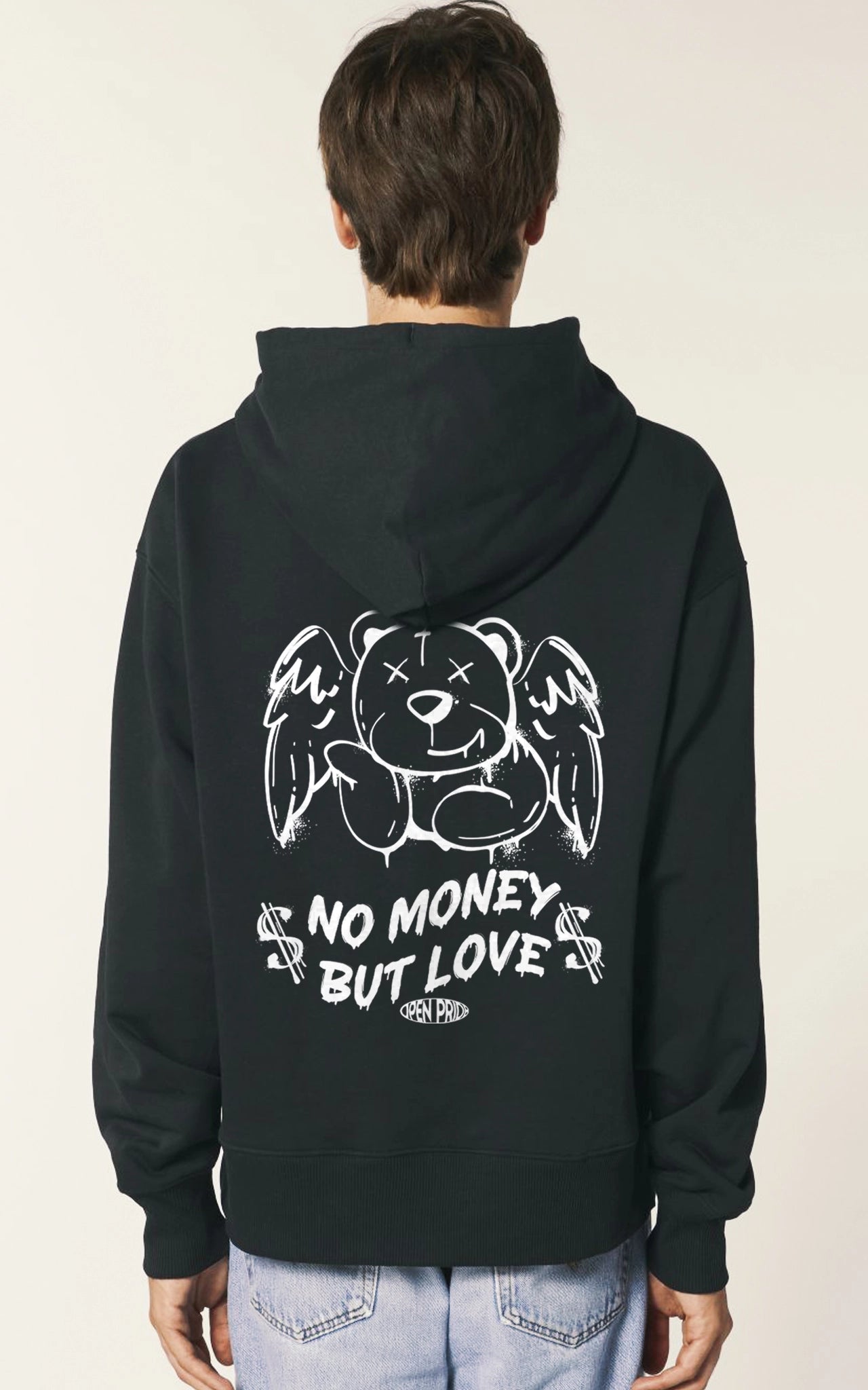 schwarzer Oversized Hoodie No Money but Love Graffiti Look