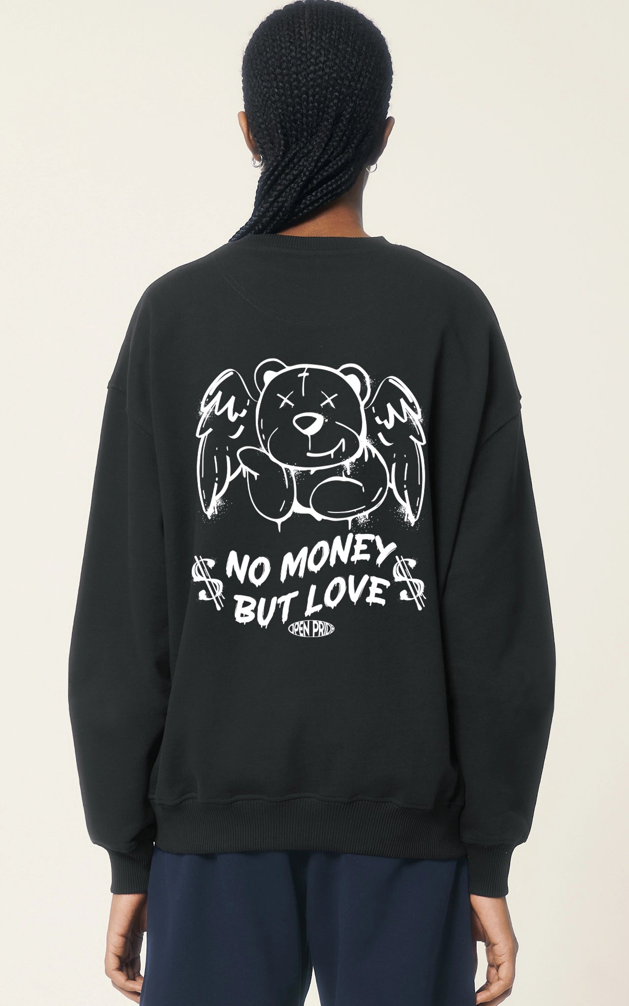 schwarzes Oversized Sweatshirt Pullover No Money but Love Graffiti Bear