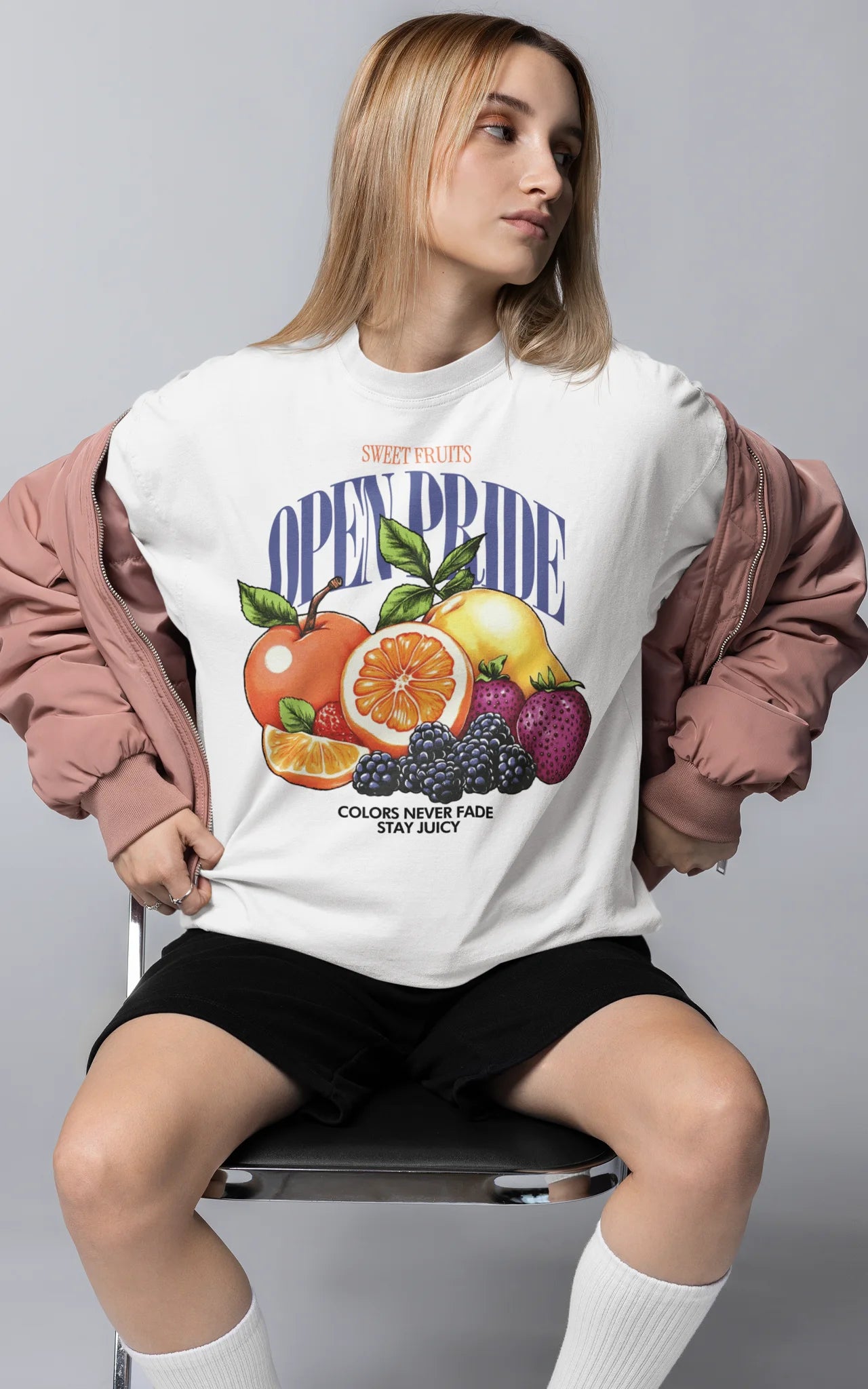 Oversized T-Shirt Sweet Fruits Frontprint – Weißes Unisex Shirt