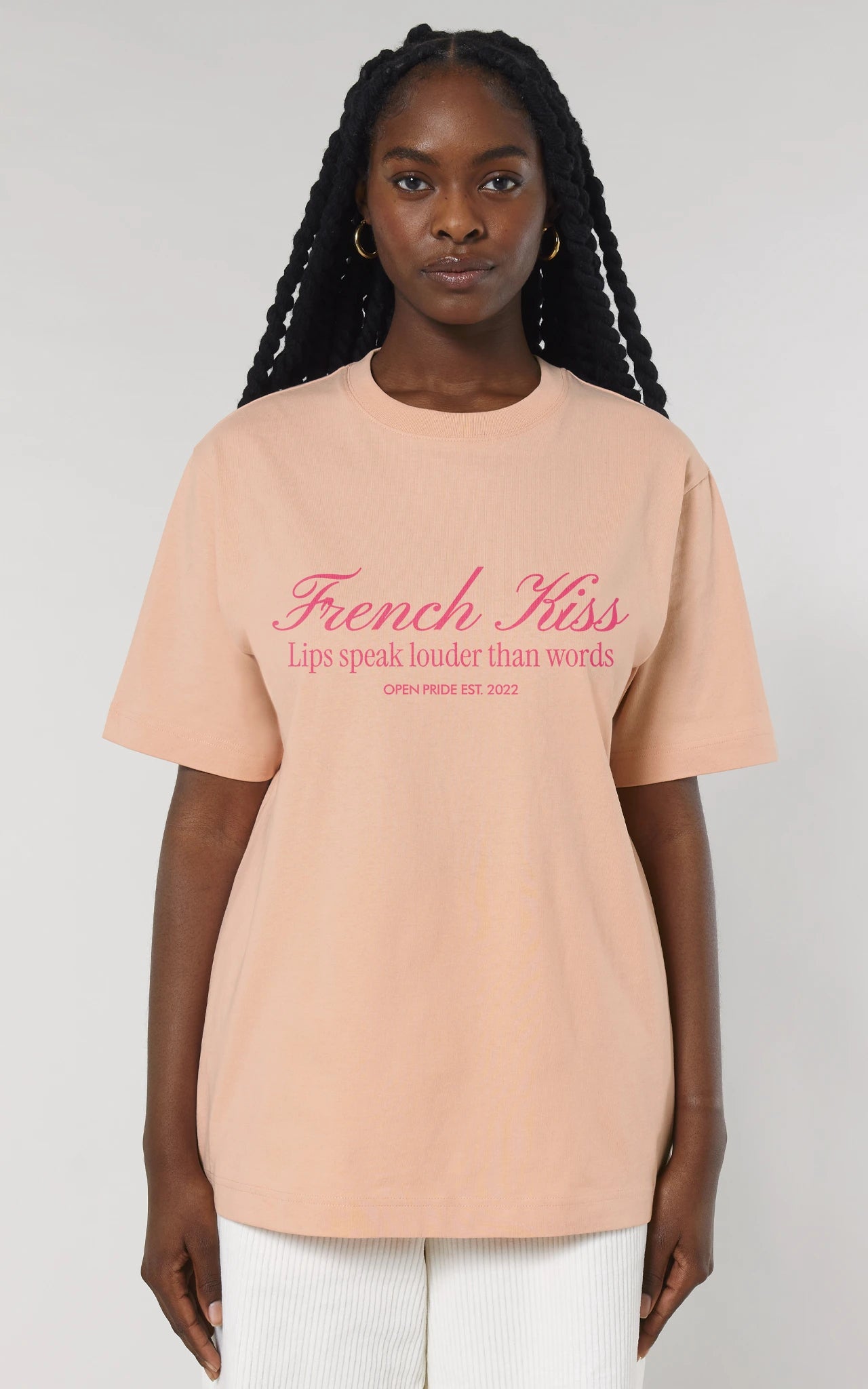 Premium T-Shirt French Kiss mit Frontprint "Lips speak louder than words"