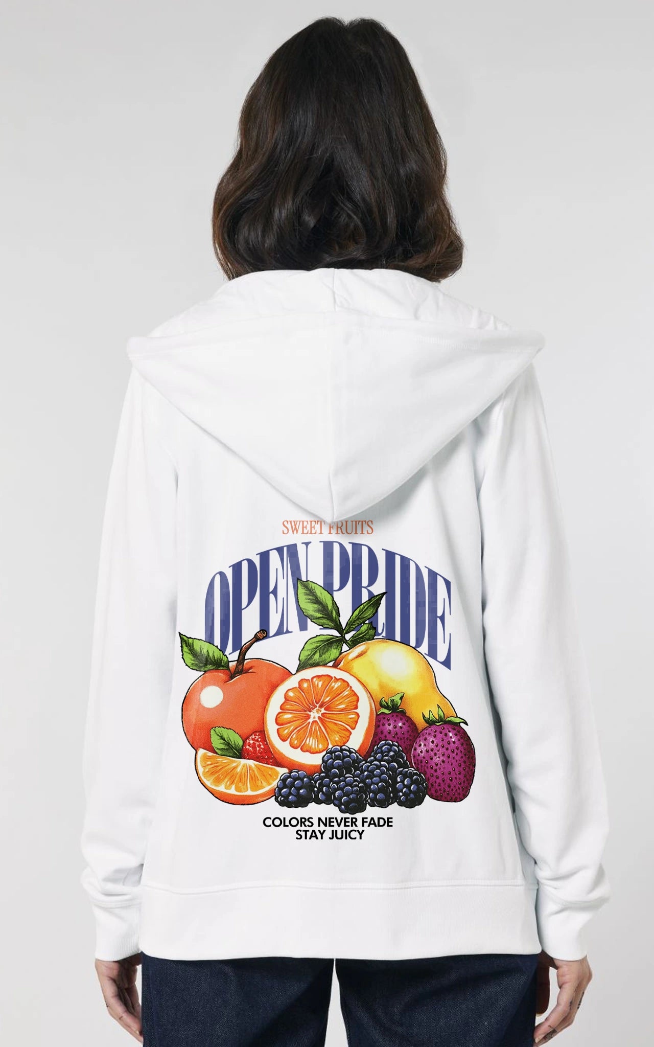 Weißer Premium Zip Hoodie mit Sweet Fruits Print 